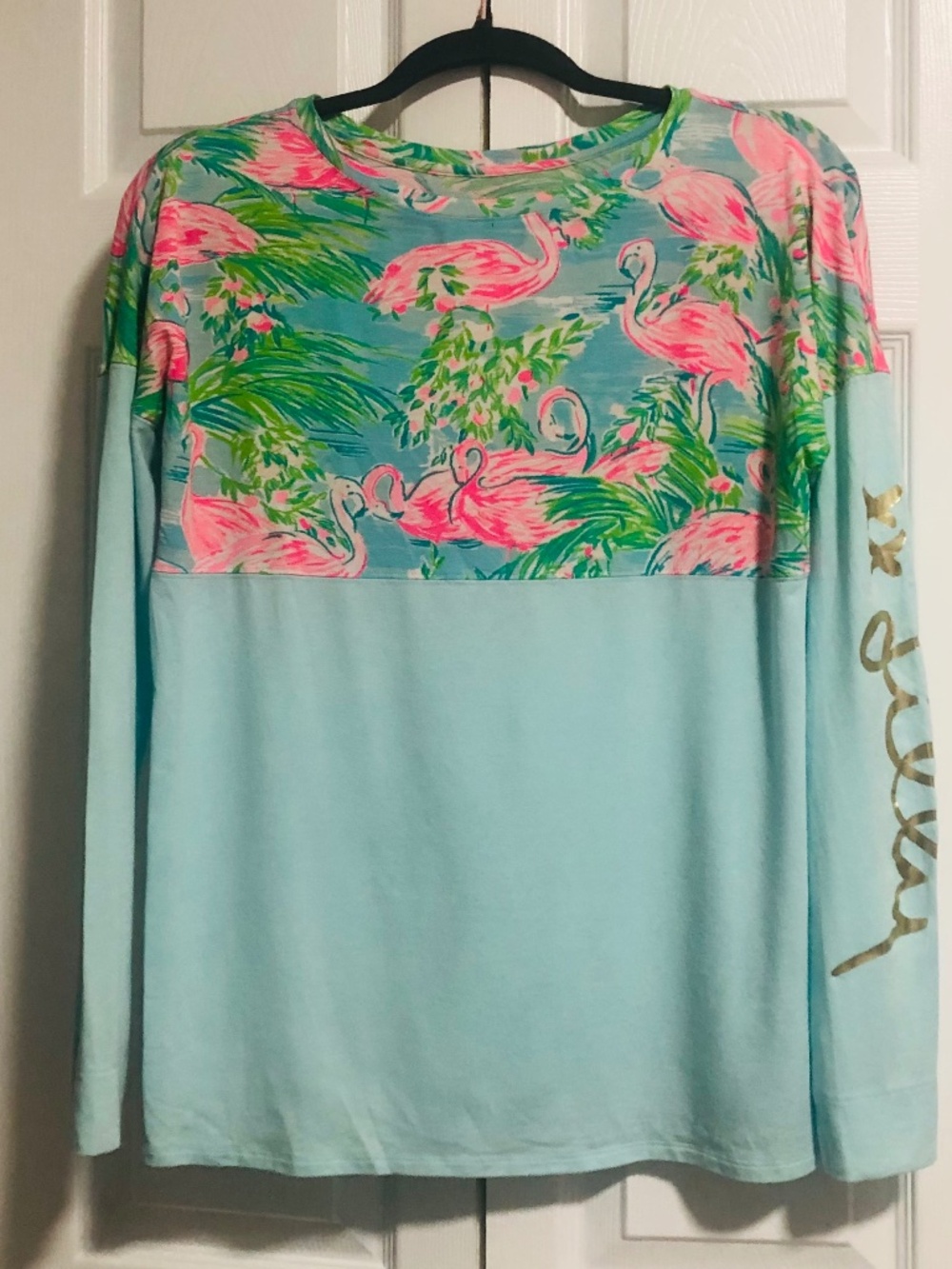Lilly Pulitzer Flamingo Top XS Blue Pink Tropical Long Sleeve Pima Cotton Modal